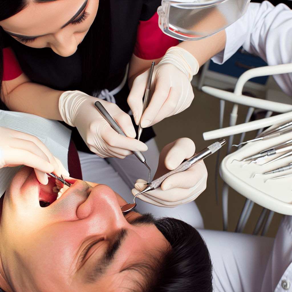 periodontolog delikatnie usuwa kamień nazębny