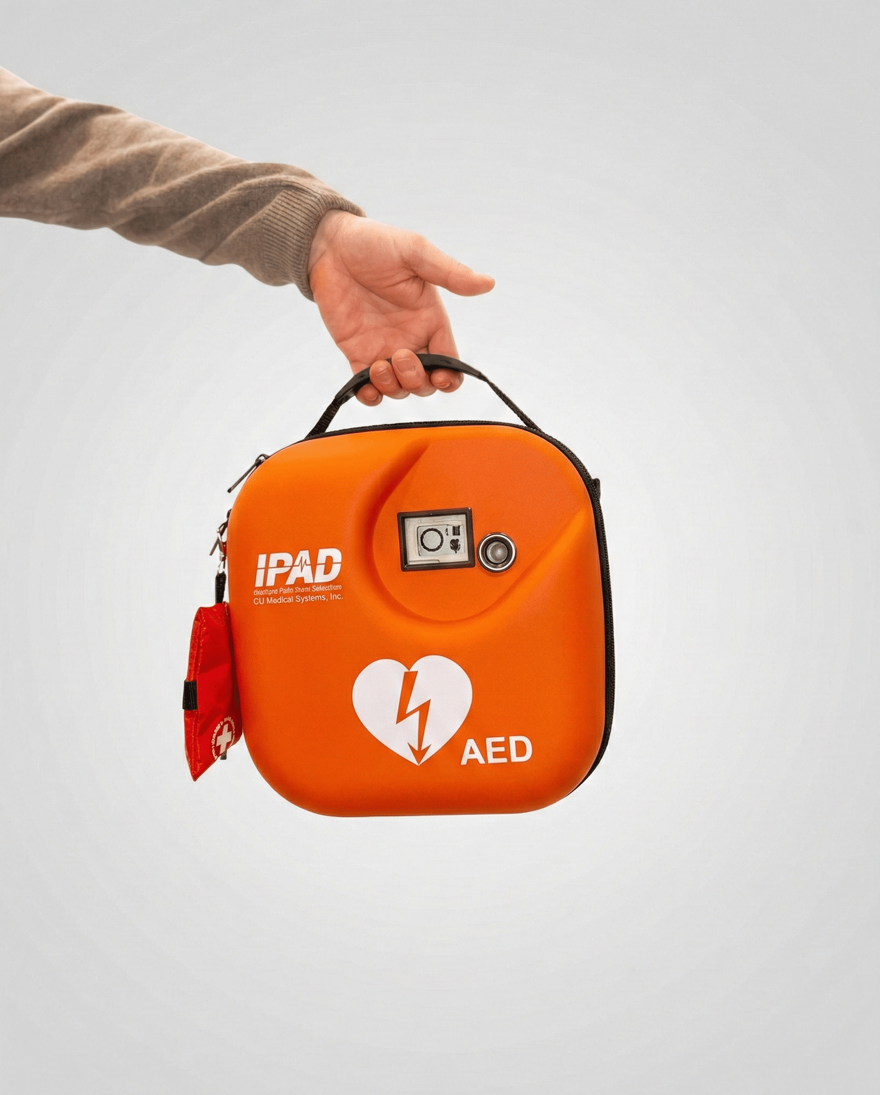 Ręka trzyma pomarańczowy przenośny defibrylator AED (automatyczny defibrylator zewnętrzny), oznaczony iPAD AED z symbolem serca i błyskawicy - niezbędne narzędzie nie tylko dla ratowników medycznych, ale także w klinikach stomatologicznych takich jak Implantis - na jasnoszarym tle.