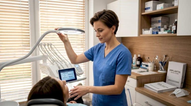 Dentysta przygotowuje lampę LED do wybielania zębów.