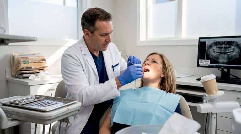 Stomatolog przeprowadza konsultację przed wszczepieniem implantu zębowego.