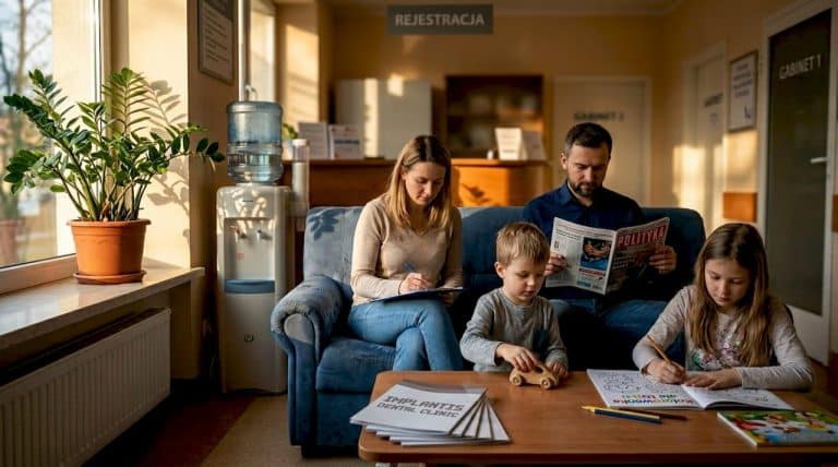 Rodzina siedząca w poczekalni u stomatologa, czekając na swoją wizytę.