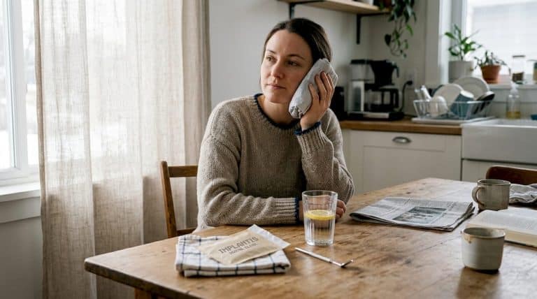 Kobieta trzymająca zimny okład w kuchni