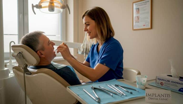 Dentysta podczas przeglądu jamy ustnej pacjenta w gabinecie stomatologicznym