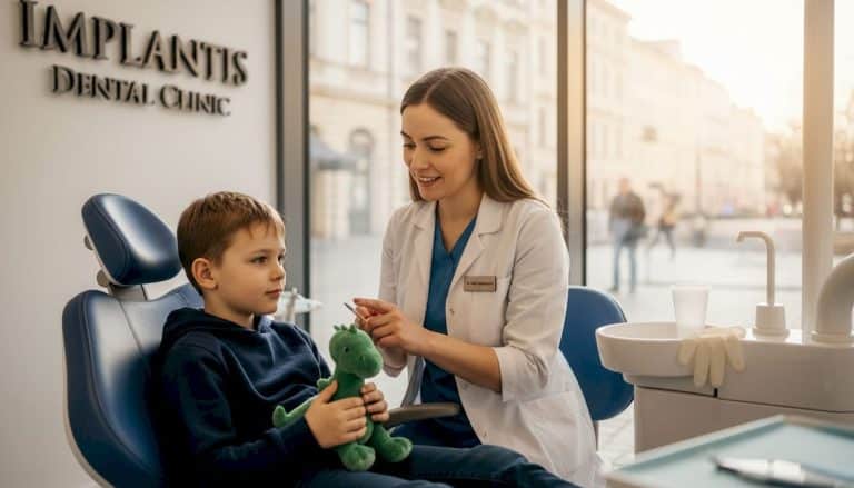 W gabinecie stomatologicznym chłopiec siedzi na fotelu, a dentystka spokojnie z nim rozmawia.