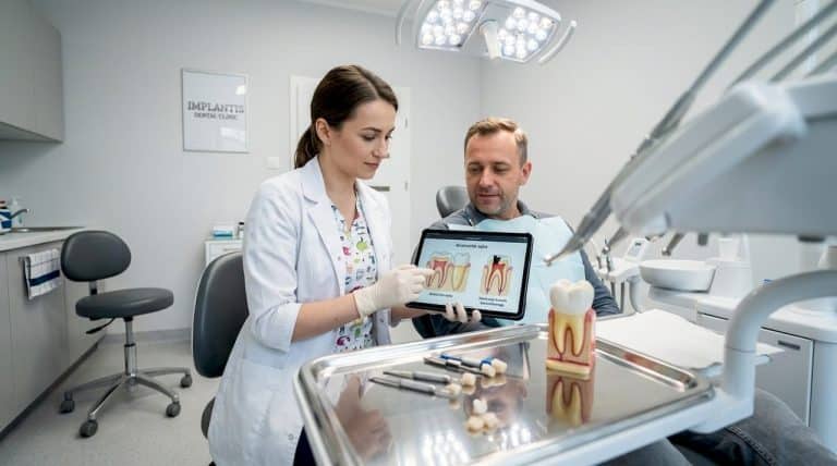 Dentysta omawia z pacjentem różne możliwości leczenia ubytków, przedstawiając dostępne rodzaje wypełnień i pomagając wybrać najlepszą opcję.