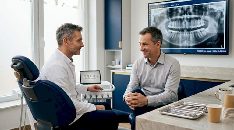 Dentysta prowadzi spokojną rozmowę z pacjentem siedzącym na fotelu.