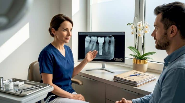 Dentysta omawia z pacjentem wyniki prześwietlenia na monitorze.