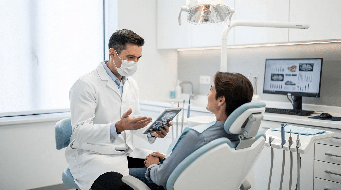 Na zdjęciu widoczny jest profesjonalny dentysta, który prowadzi konsultację z pacjentem w nowoczesnym gabinecie stomatologicznym. W tle można dostrzec nowoczesne wyposażenie, które wspomaga zabiegi związane z regeneracją tkanek w obrębie jamy ustnej, w tym potencjalne zastosowanie komórek macierzystych.