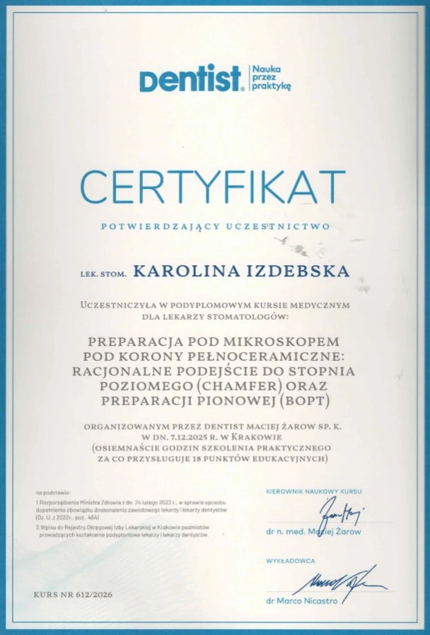 Preparacja pod mikroskopem pod korony pełnoceramiczne stomatolog Karolina Izdebska, Kraków